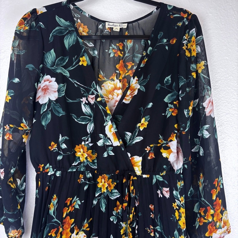 Indigo Rose Floral Long Sleeve Cross Front Midi Pleated Skirt Dress Womens Sz PL